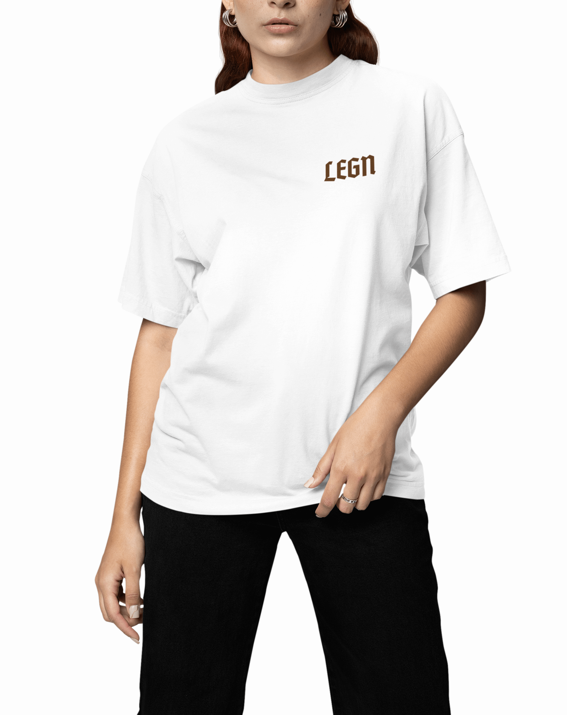 "Less Talking More Lifting" women's oversized t-shirt by LEGN, gym and streetwear. Brown letters, white shirt